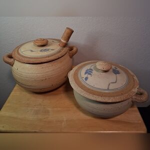 Handmade Studio Pottery Stoneware Soup Tureen Bean Pot Set w/ Ladle & Lids